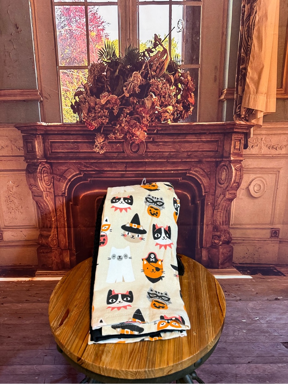 Feline Kitty Halloween Cat Print White/Black/Orange Dish Towel Set Summerween